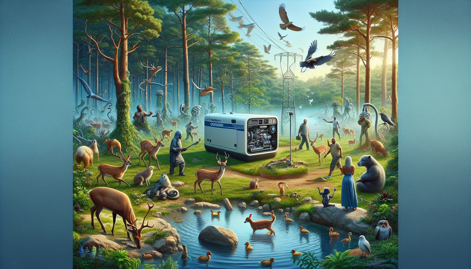 Visualize a bizarre and amusing scene based around the concept of generating electricity. The centerpiece of this scene is the quietest RV generator in the world. Imagine it advanced and futuristic, almost unnaturally silent. It is located in a breathtaking forest clearing by a tranquil lake, surrounded by curious animals like deer, rabbits, and birds that are seemingly undisturbed by its presence. A group of people, including a Caribbean descent woman, a Caucasian descent man, and a Middle-Eastern descent young adult, are left astounded and in fits of laughter by the unusual sight of animals being unphased by the generator. Ensure the atmosphere looks serene, harmonious, and eco-friendly to exhibit its quietness.