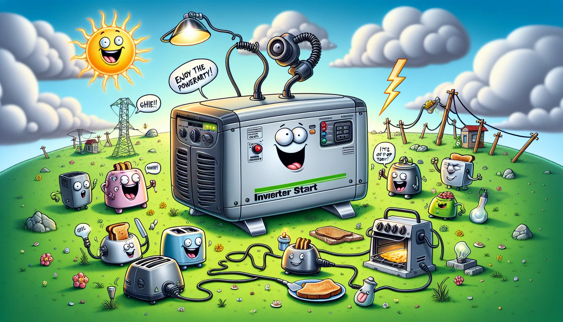 Create a humorous illustration of a remote start inverter generator. The generator is dressed up with a gleeful expression and anthropomorphic arms and legs. It stands on a rolling green hilltop surrounded by expressive electrical appliances running on its power. A toaster is making toast, a lamp illuminating the scene with bright light, and a small electric stove cooking up a feast, all in broad daylight, laughing and cheering. In the distance, the sun is chuckling with a speech bubble saying, 'Enjoy the power party, I'm off duty today!' This peculiar scenario inspires a light-hearted perspective on generating electricity.