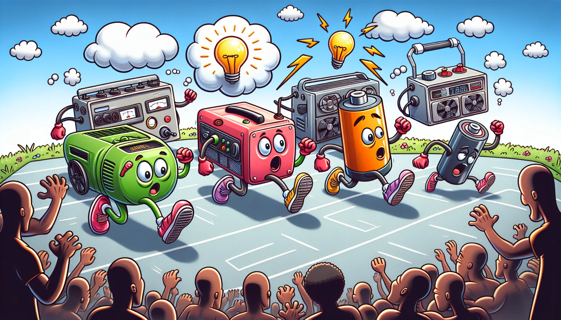 Craft an amusing scene illustrating a variety of emergency generators actively being used. They are all participating in a spirited 'relay race', each generator wearing cartoon-style running shoes. One generator has a thought bubble depicting a light bulb turning on. Another generator appears stunned with humorous shock marks as it notices a battery running past with athletic speed. The scene beckons the viewers, hinting at the fun of generating their own electricity using these devices. Set this image on a sunny day, with a vibrant crowd, consisted of diverse humans cheering and laughing at the humorsight, adding a lively atmosphere.