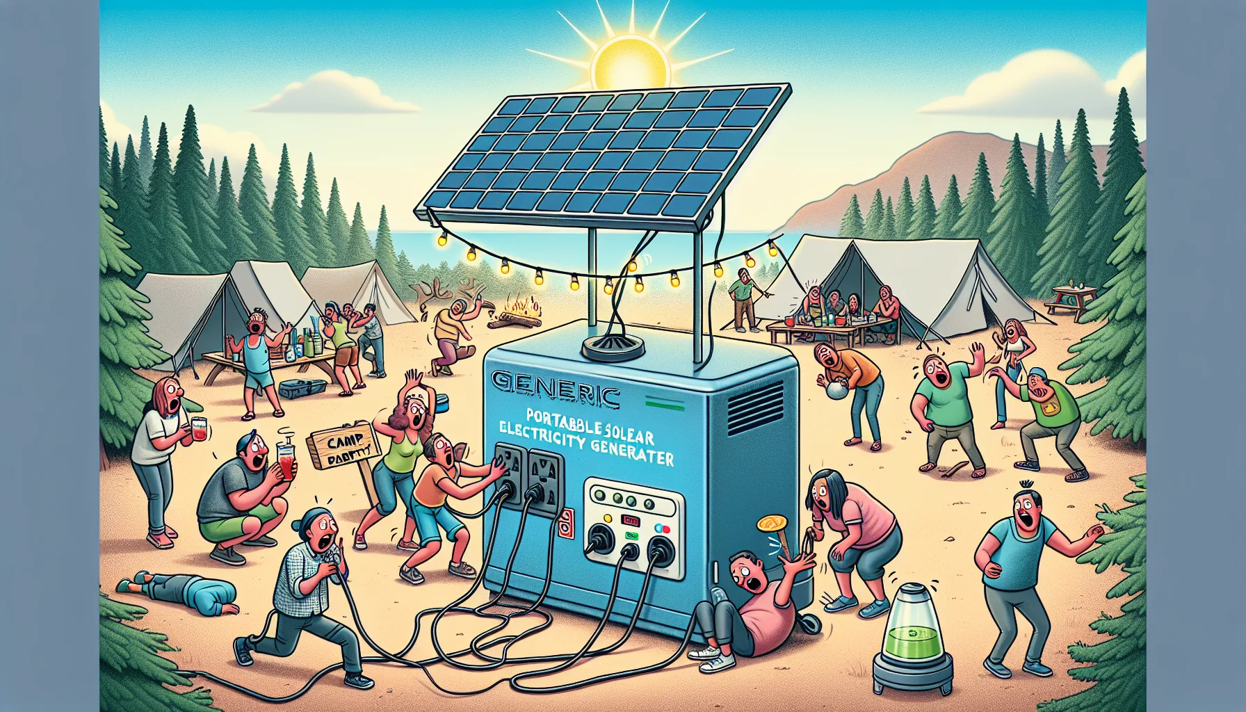 A comedic scene unfolding with a generic, portable solar electricity generator in the middle of a campsite. A gathering of people from various descents are being astounded by the solar generator's power output. They attempted to plug in a multitude of heavy electric appliances including a neon sign signifying 'Camp Party' and an oversized electric blender for making smoothies. Their reactions are priceless, some in surprise, others in laughter. Outside, it's a bright sunny day with the sun rays efficiently captured by the generator's panels. This scene subtly encourages the use of solar generated electricity.