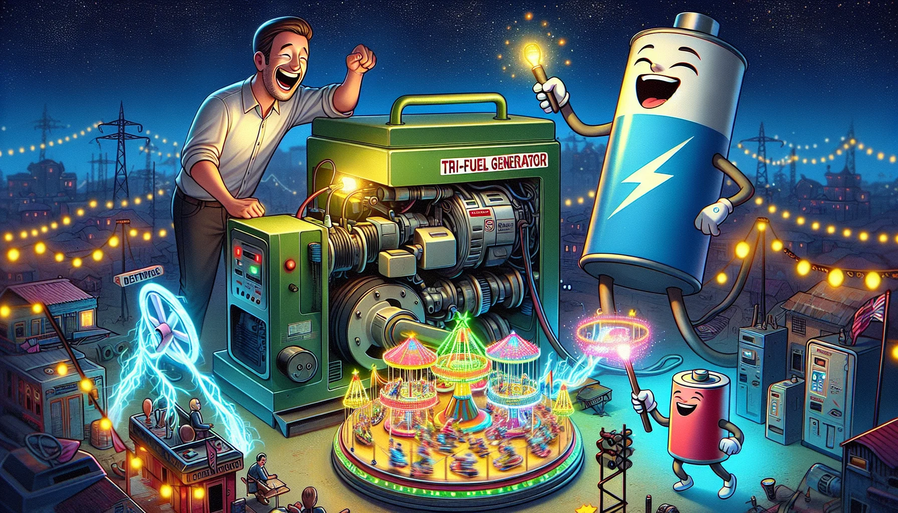 Imagine a humorous scene centered around Tri-Fuel Generators. Picture a Caucasian male and a South Asian female, both electrical engineers, laughing as they power a miniature amusement park full of tiny, vibrant, and fast-spinning rides directly from a Tri-Fuel Generator. Neon lights illuminate their faces, highlighting their amusement and surprise. The backdrop is the night sky, dotted with stars, framing this unique usage of electricity generation. A cartoonish battery character standing off to the side raises a toast with a cup of electric sparks, adding to the whimsical atmosphere.