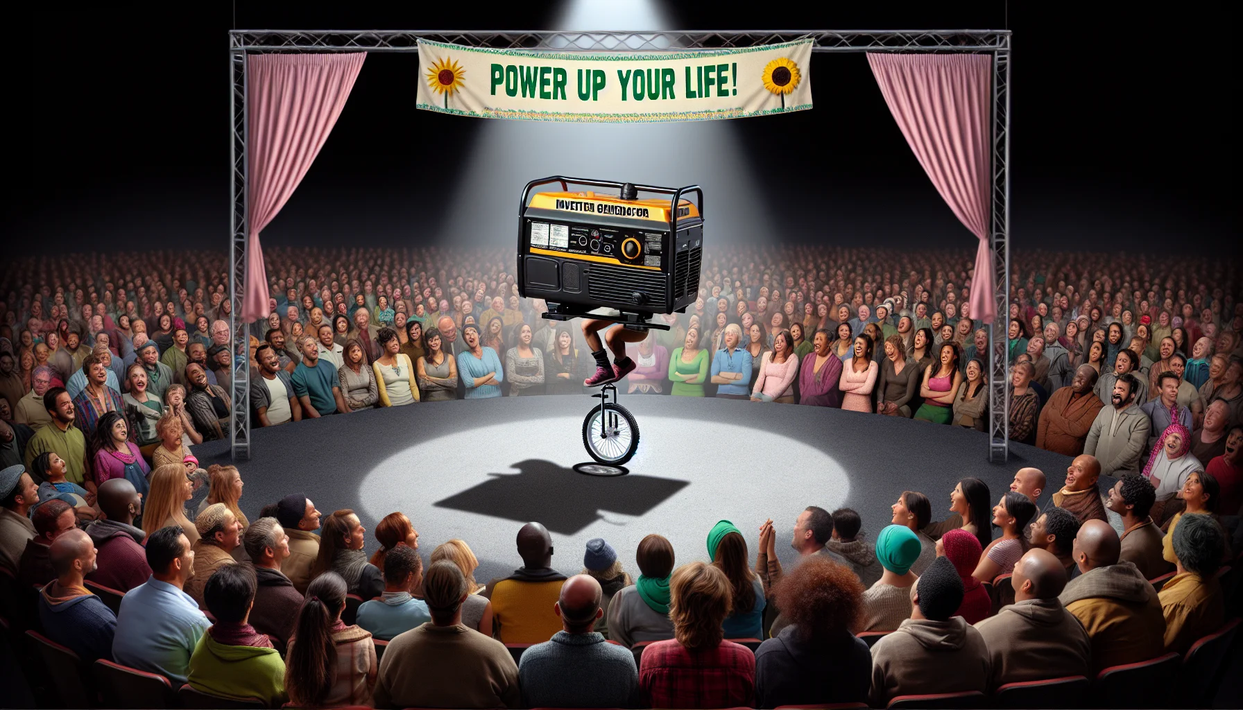 Create a playful and intriguing image of an inverter generator, resembling those found at big-box retail stores, in a comical setup encouraging individuals to generate their own electricity. Picture this: the generator is on stage, under a spotlight, doing a balancing act on a unicycle. In the audience, an array of people of different descents and genders, including Caucasian men, Black women, Hispanic men, Middle-Eastern women, and South Asian individuals, express surprise and amusement. A charming banner hangs over the stage, reading 'Power Up Your Life!' to inspire the idea of self-generation of power.