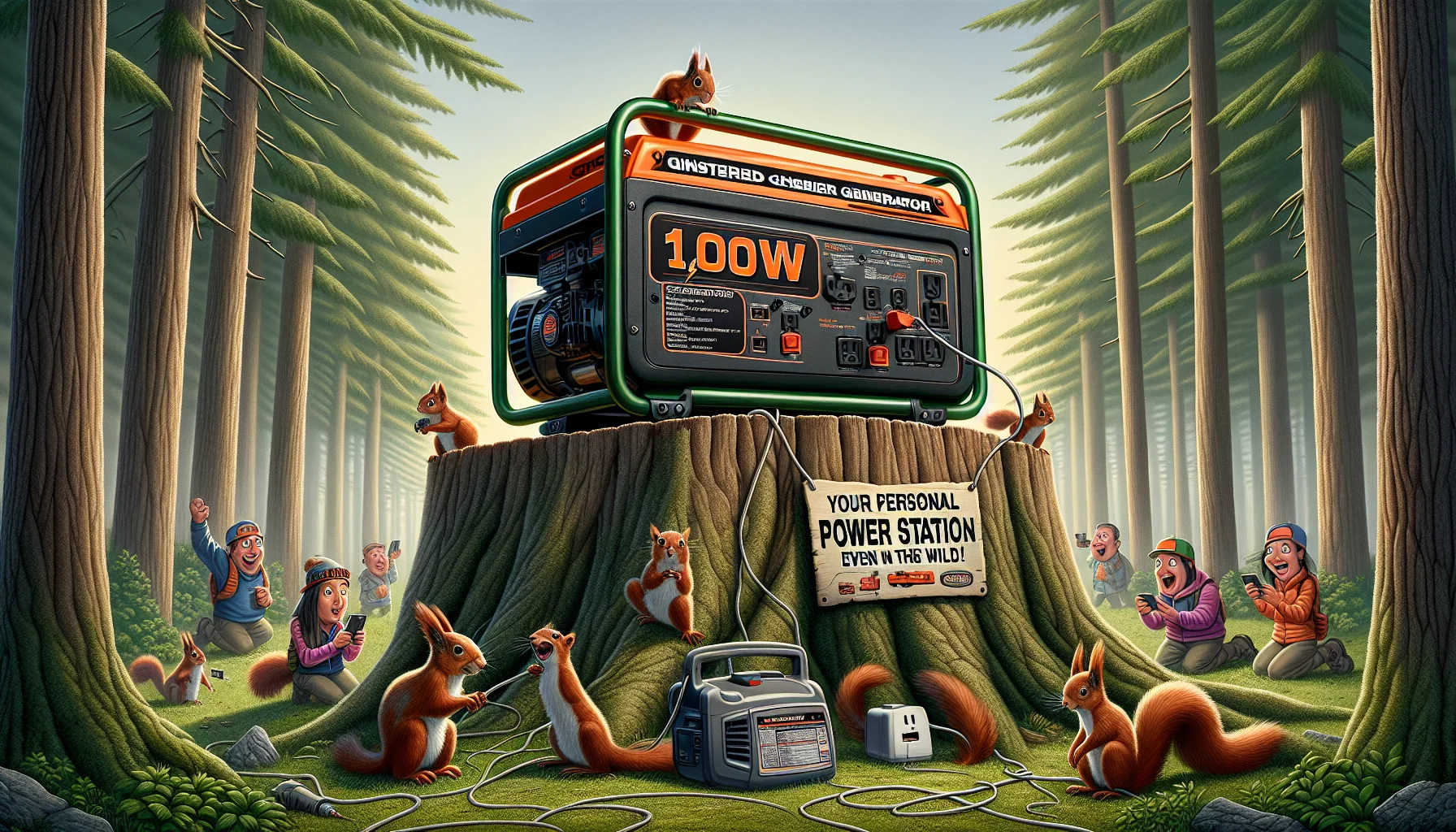 Imagine a humorous scene featuring a powerful 11,000W generator, not tied to a specific brand. The generator is painted bright orange and is working diligently in an unexpected place - atop a large tree stump in the middle of a serene forest. Near the generator, a pair of skeptical squirrels are cautiously inspecting it, while a group of excited hikers stares in awe, charging their devices via a multi-outlet extension cord. The generator should appear to be making a loud, triumphant hum, encouraging everyone in the forest to get their 'work' done. A satirical sign next to it reads 'Your personal power station, even in the wild!'