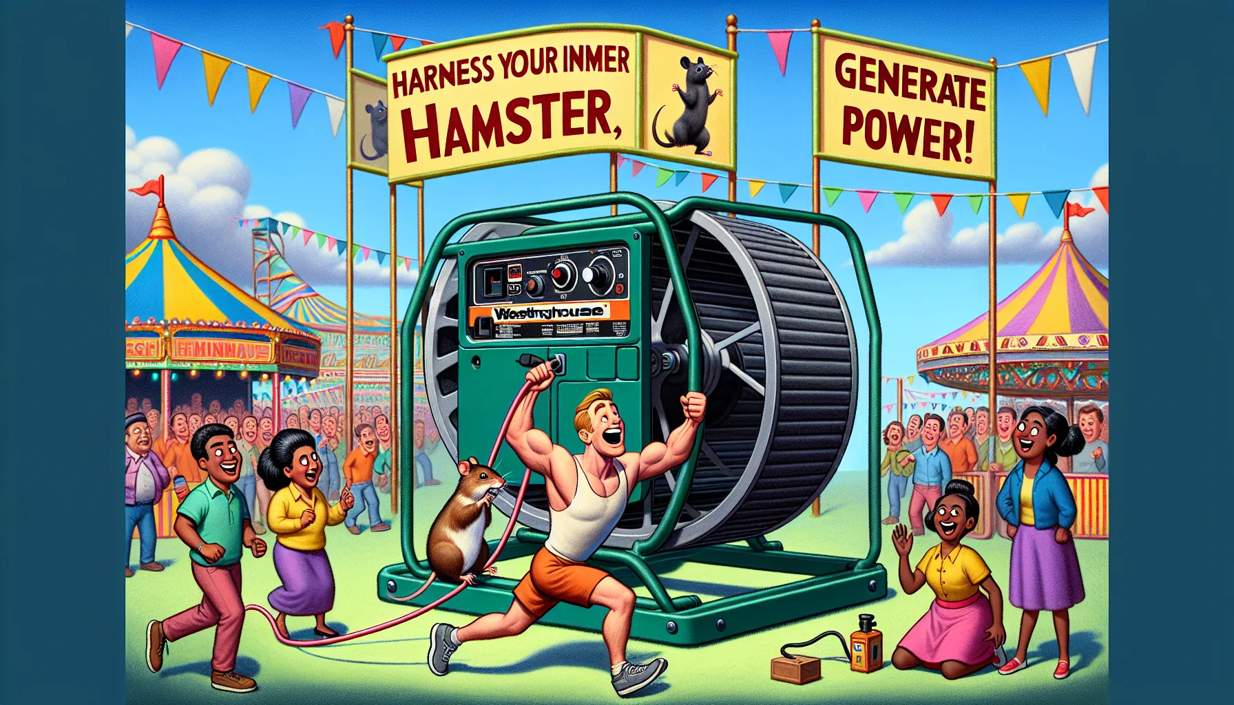 A satirical image of a generic portable generator, similar to the Westinghouse 9500 model, having a pivotal role in a fun-filled scene! Picture this: It's set in a colorful carnival setting. There's a jovial, athletic Caucasian man trying to power the generator by running on a huge hamster wheel attached to it. Onlookers, including an intrigued South Asian woman and a laughing Black child, are having a great time watching this unusual setup. The large signboard behind the generator reads: 'Harness Your Inner Hamster, Generate Power!' The scene captures the fun in generating electricity while also highlighting the versatility of the generator.