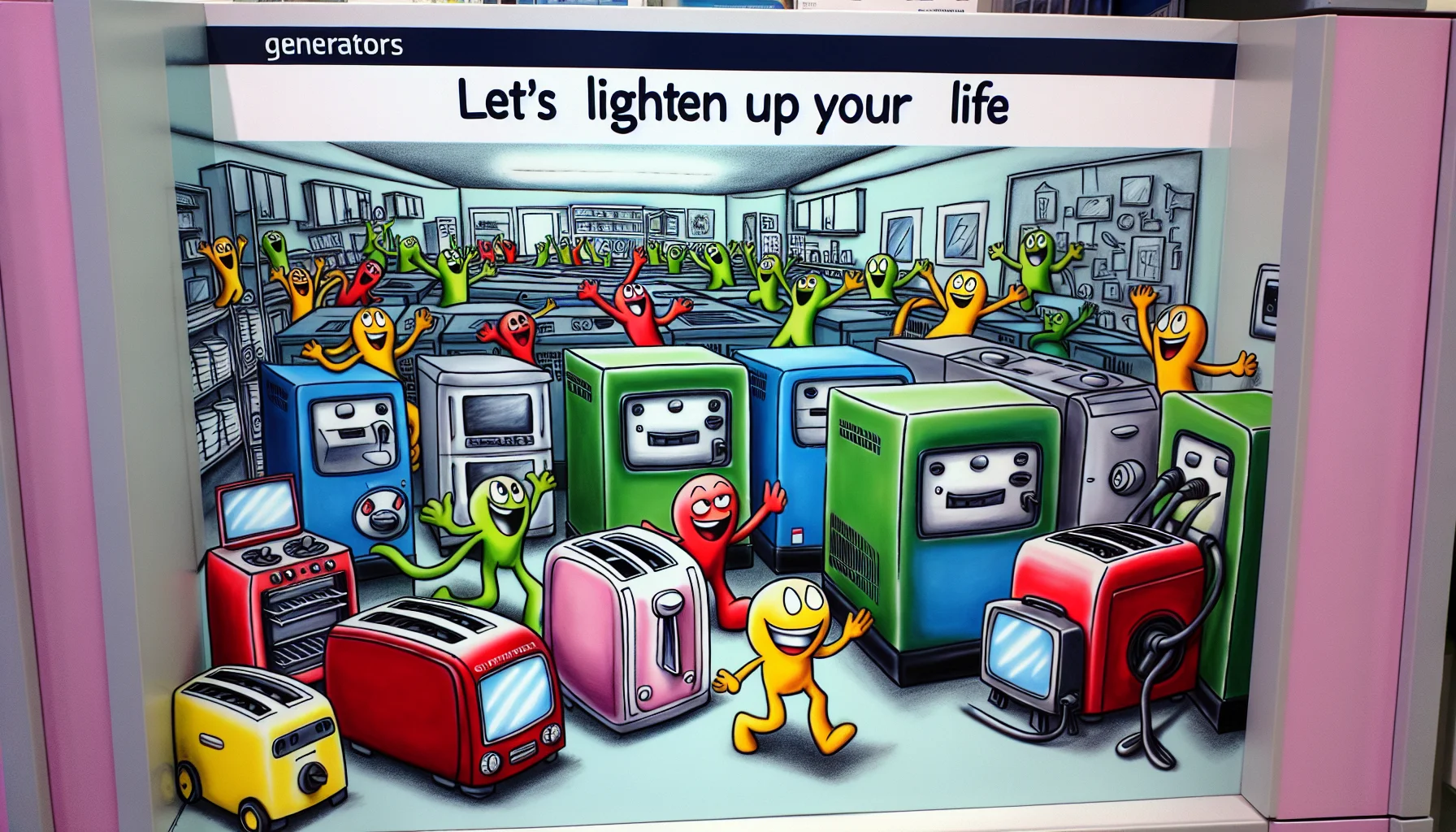 Imagine a humorous scene in a home energy supply store. In the dedicated 'Generators' section, there's a display for the 'Home Power Generation' category. Picture a playful sign that says, 'Let's lighten up your life' along with an army of cartoonish, joyful generator characters. These generators, depicted in various colors, are performing a lively dance, whilst producing electricity to power an array of home appliances, such as televisions, toasters, and lighting fixtures. The appliances are animated as well, showcasing their functionalities in an amusingly exaggerated manner.