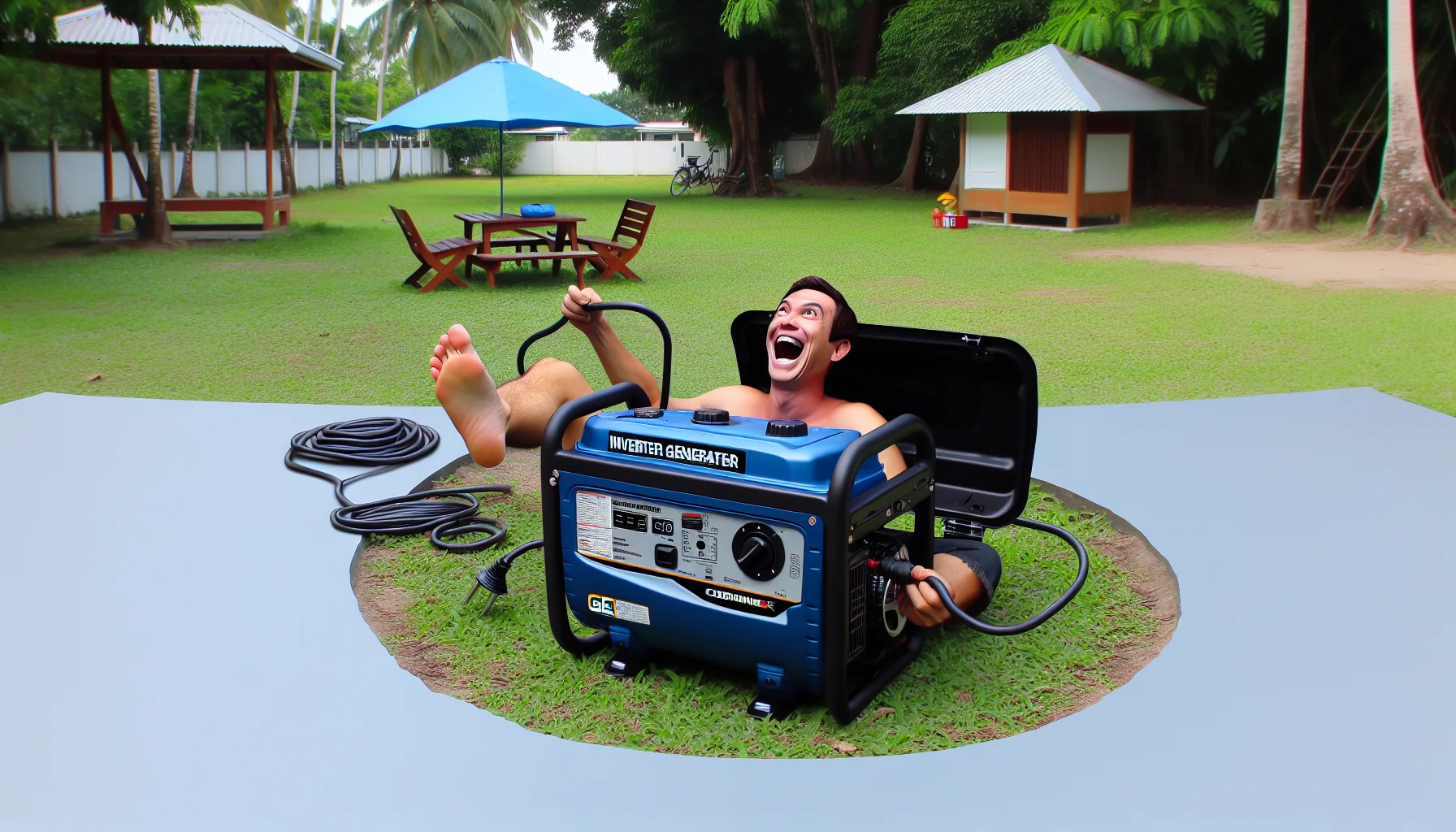 Create an image of an inverter generator, designed in a similar manner to standard models by known brands, in a humorous situation. The generator is playfully producing electricity in an unexpected location. The placement of the generator provokes amusement and incites curiosity about the concept of personal electricity generation. This scenario is set in a creative, outdoors environment, perhaps a park or a picnic area where electricity is not typically available, highlighting the convenience and unexpected use cases of a personal power generator.